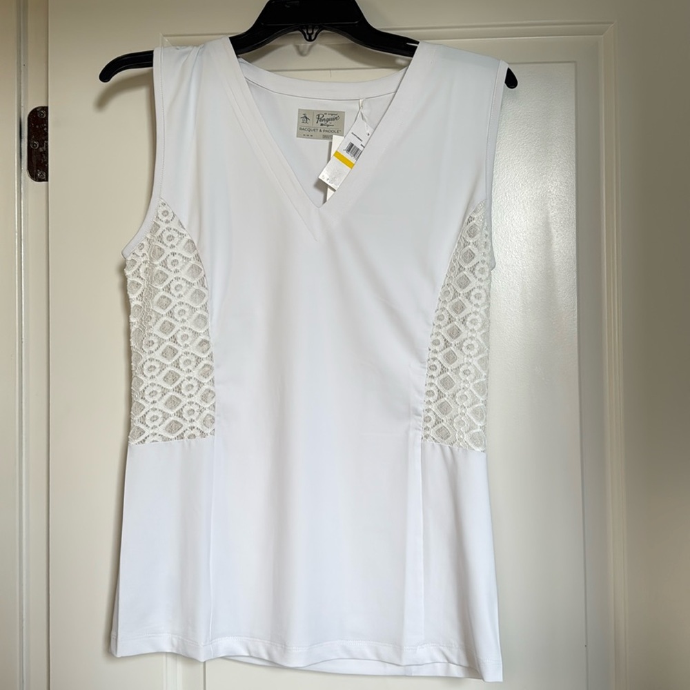 NWT Penguin white w/ lace racket& paddle sleeveless women’s top Pickleball 👍